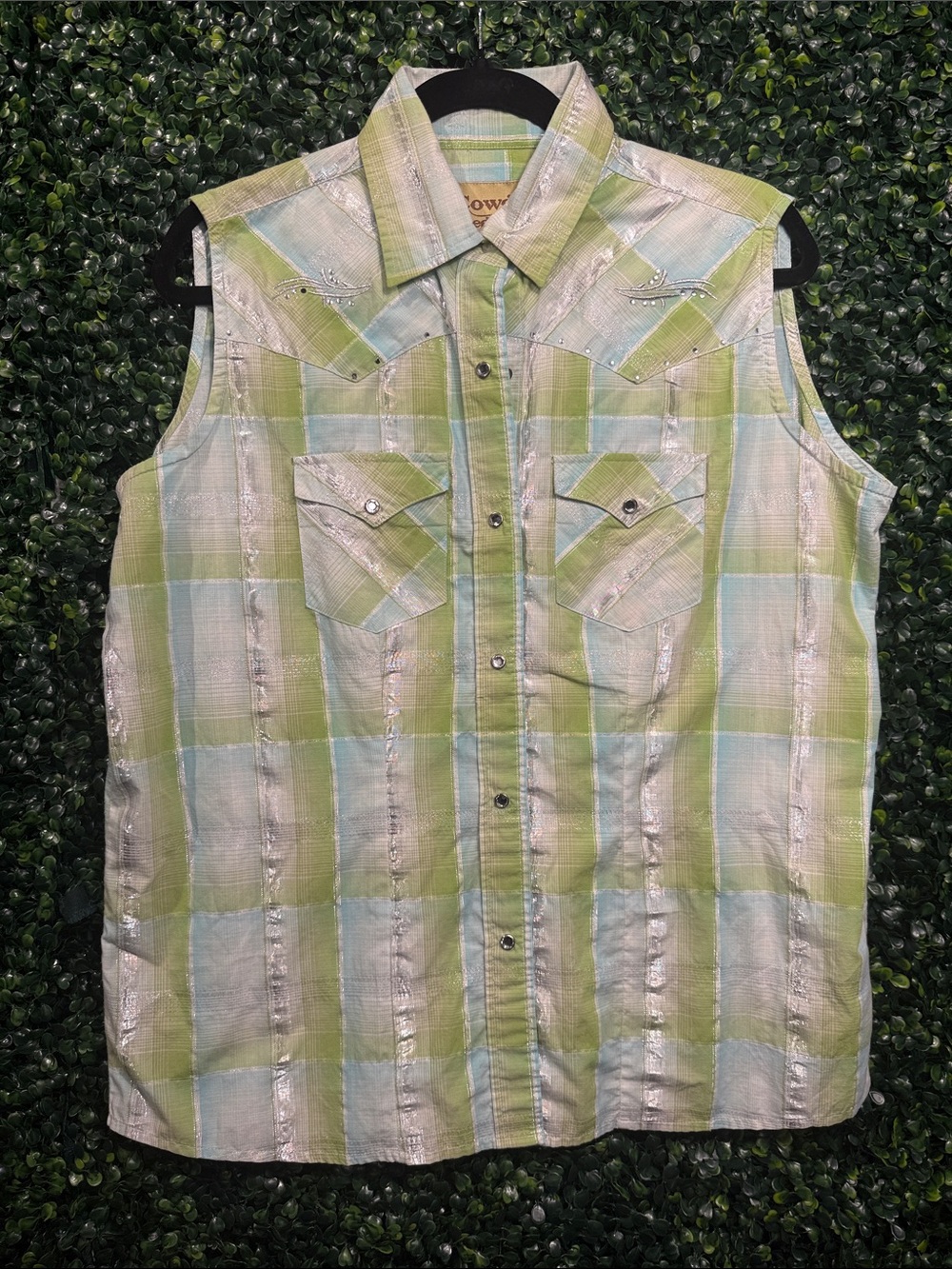 Men's Sleeveless Plaid Western Tank - Light Green & Blue